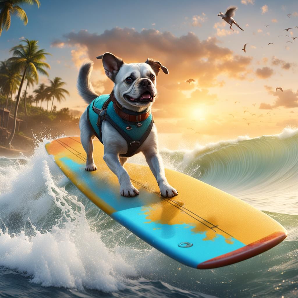 Dog Rides Surfboard: Realistic Digital Art