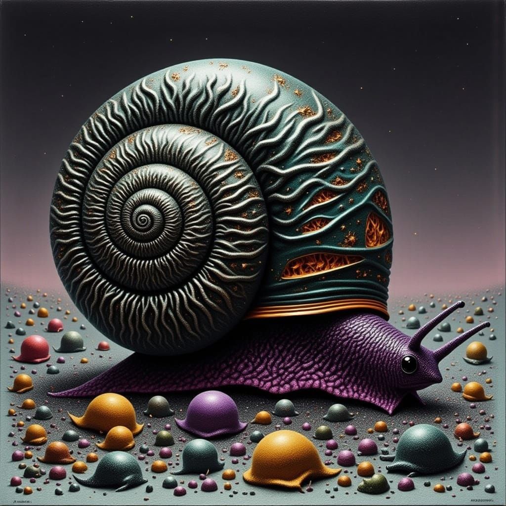 Dark Beach Scene with Glittering Gore and a Skull Snail