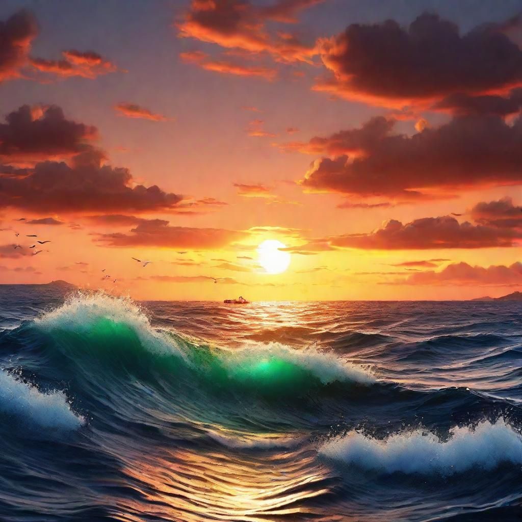 Ocean Sunset Oil Painting with Small Boat