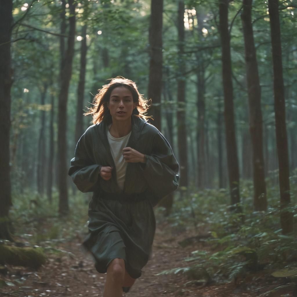 Woman Running Through Moonlit Forest in Cinematic Style