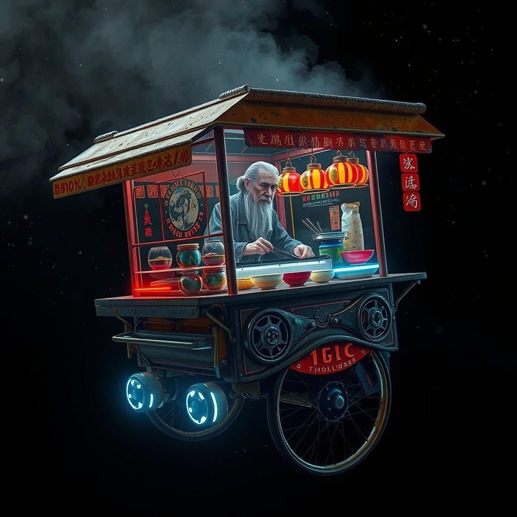 Asian Street Food Cart Drifting in Space