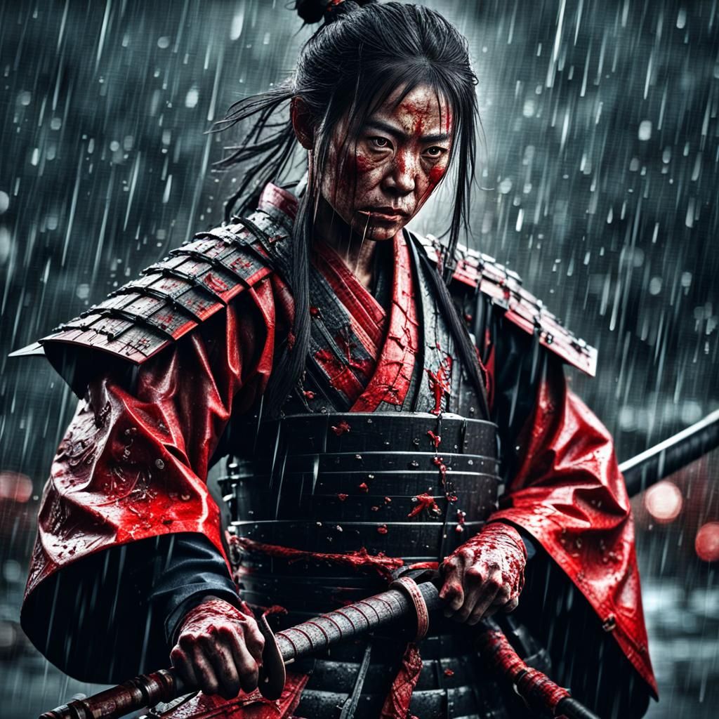 Female Samurai Sheathing Sword in Rain, Hyperrealistic