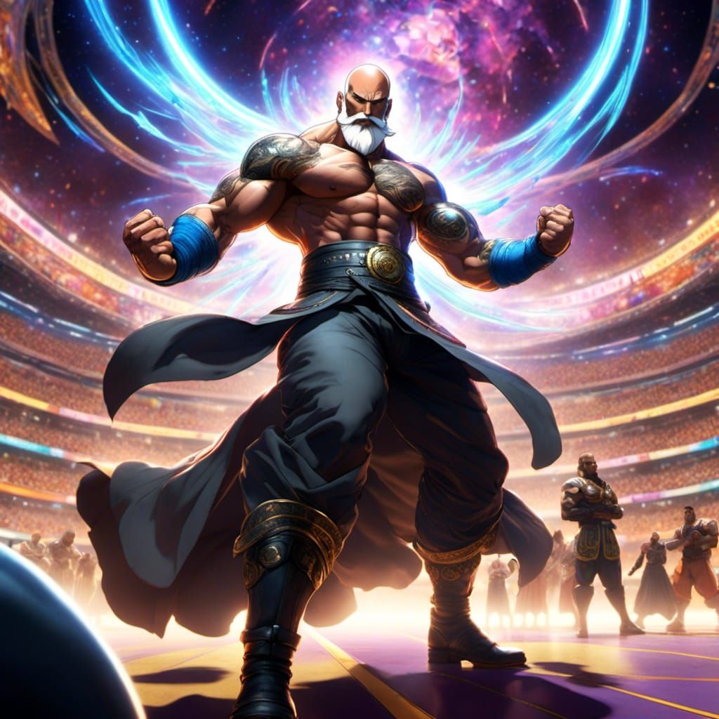 Anime Fighter Punches Opponent in Arena Setting