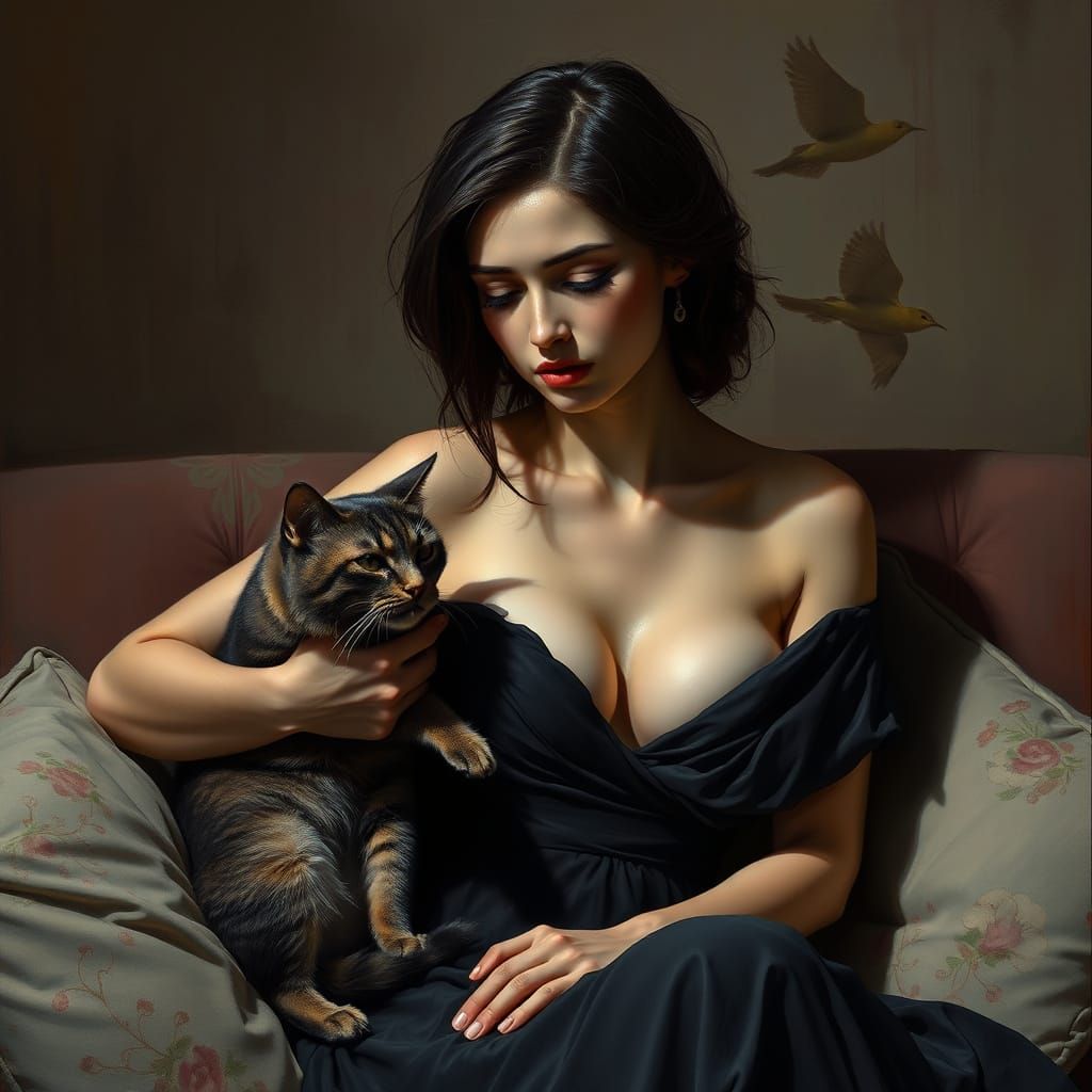 Woman Crying with Cat in Chiaroscuro Style