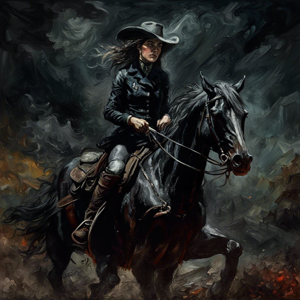 Creepy Cowgirl on Horse in Gothic Impressionist Style