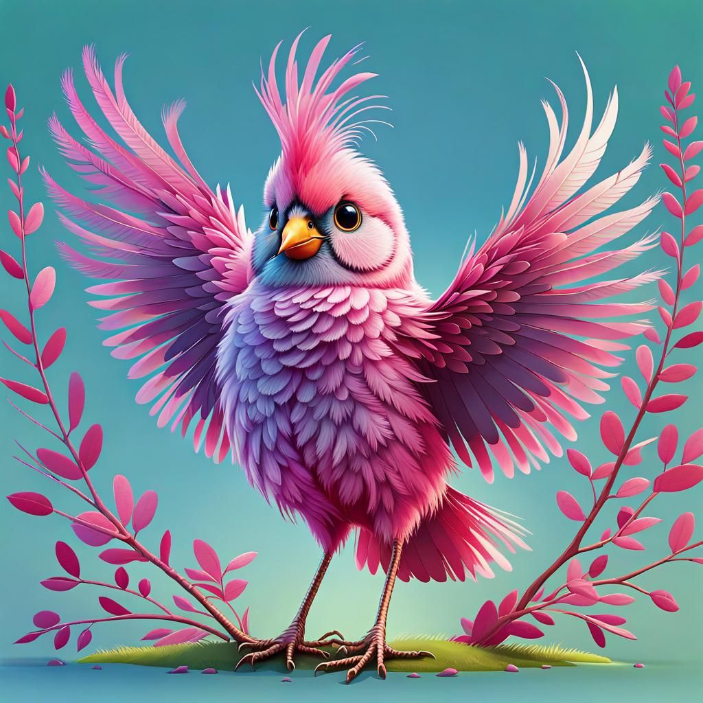 Fluffy Pink Bird in Geometric Bauhaus Style