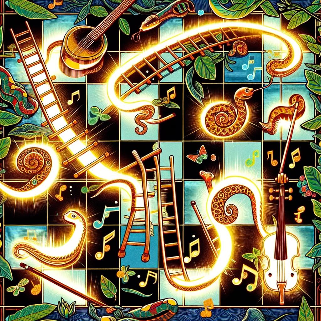 Musical Snakes and Ladders in Japanese Woodblock Style