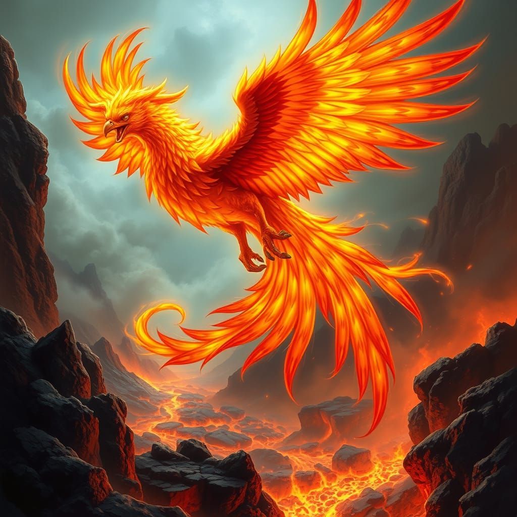 A majestic phoenix soaring above a landscape of volcanic roc...