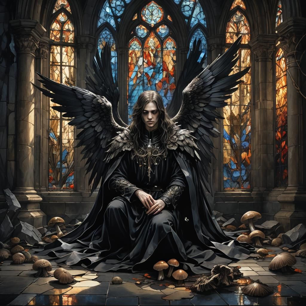 Fallen Angel in Gothic Setting with Bioluminescent Fungi
