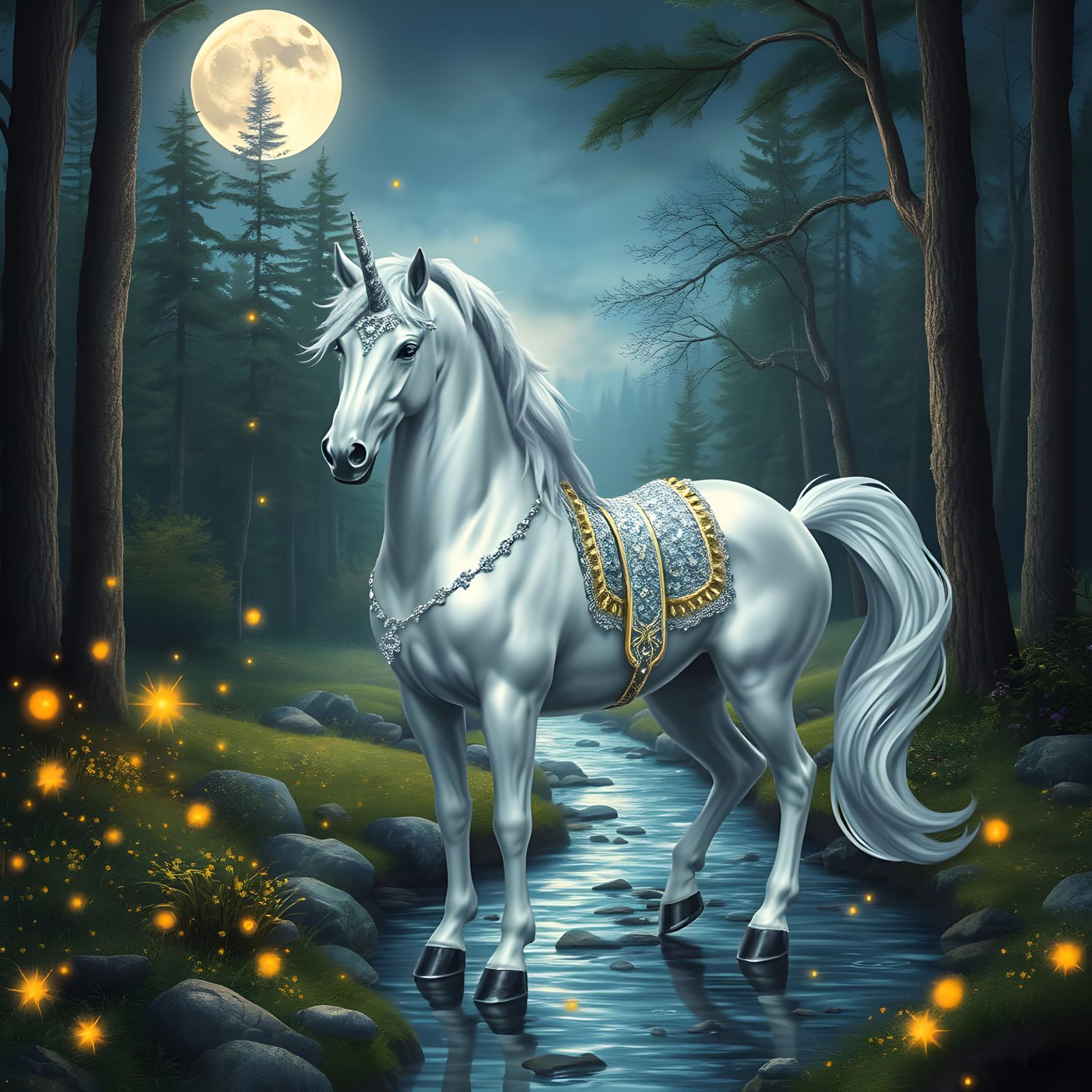Silver Unicorn in Moonlit Forest