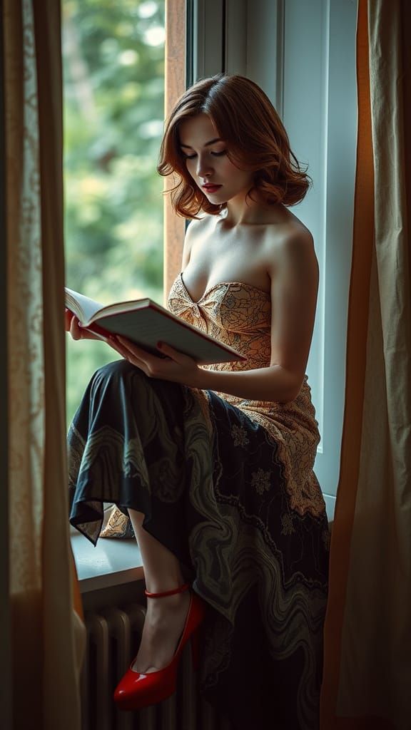 Pin-Up Woman Reading on Window Sill in Marco Mazzoni Style