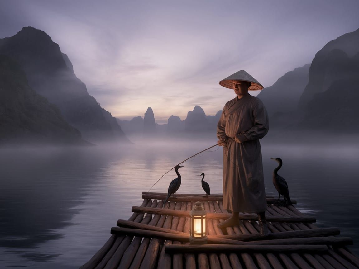 Serene Fisherman in Dawn's Soft Light