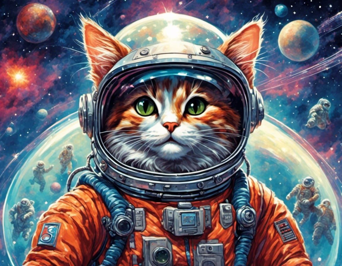 Anthropomorphic Cat Piloting Spaceship Through Galaxy