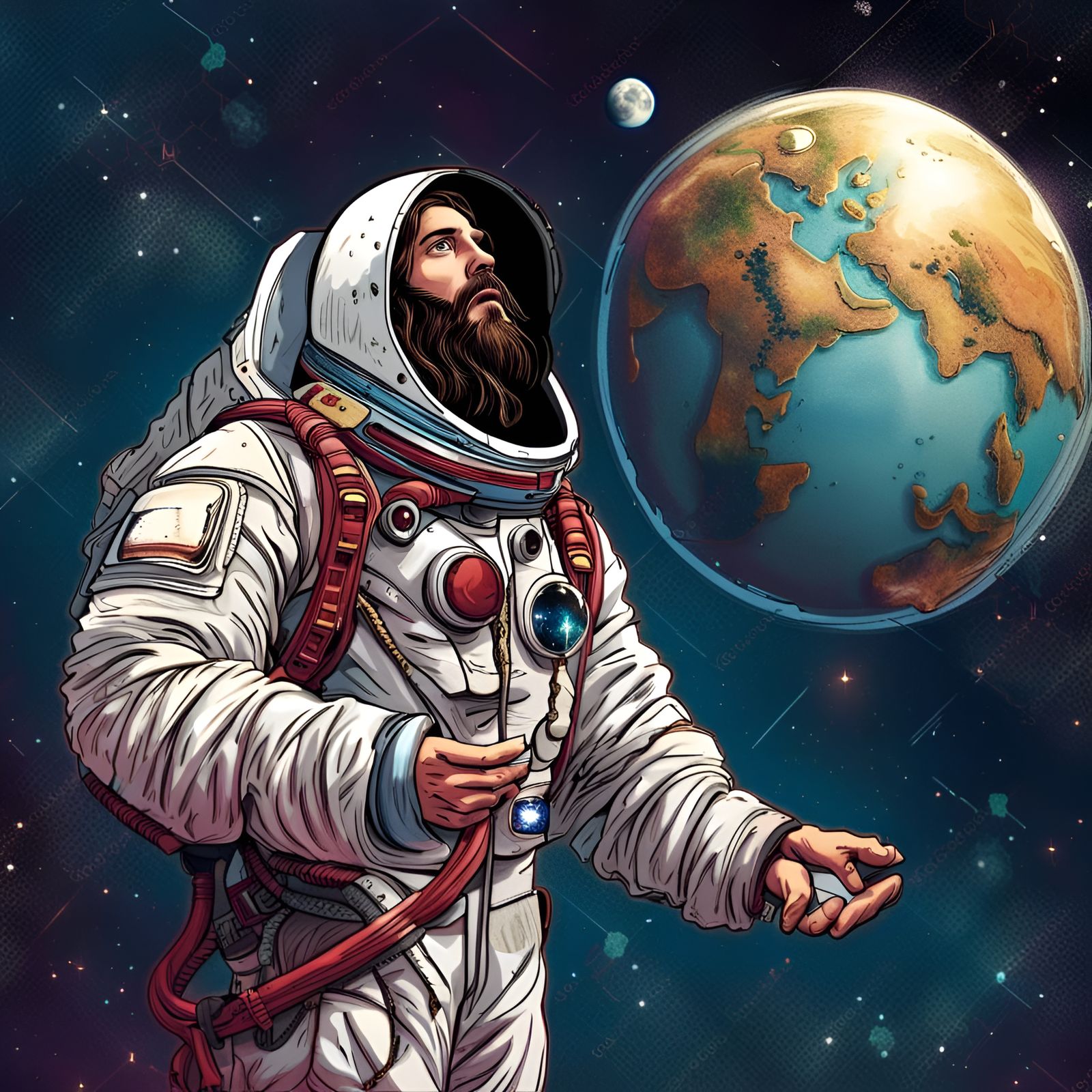 Astronautic Savior with Earth: Comic Style Art