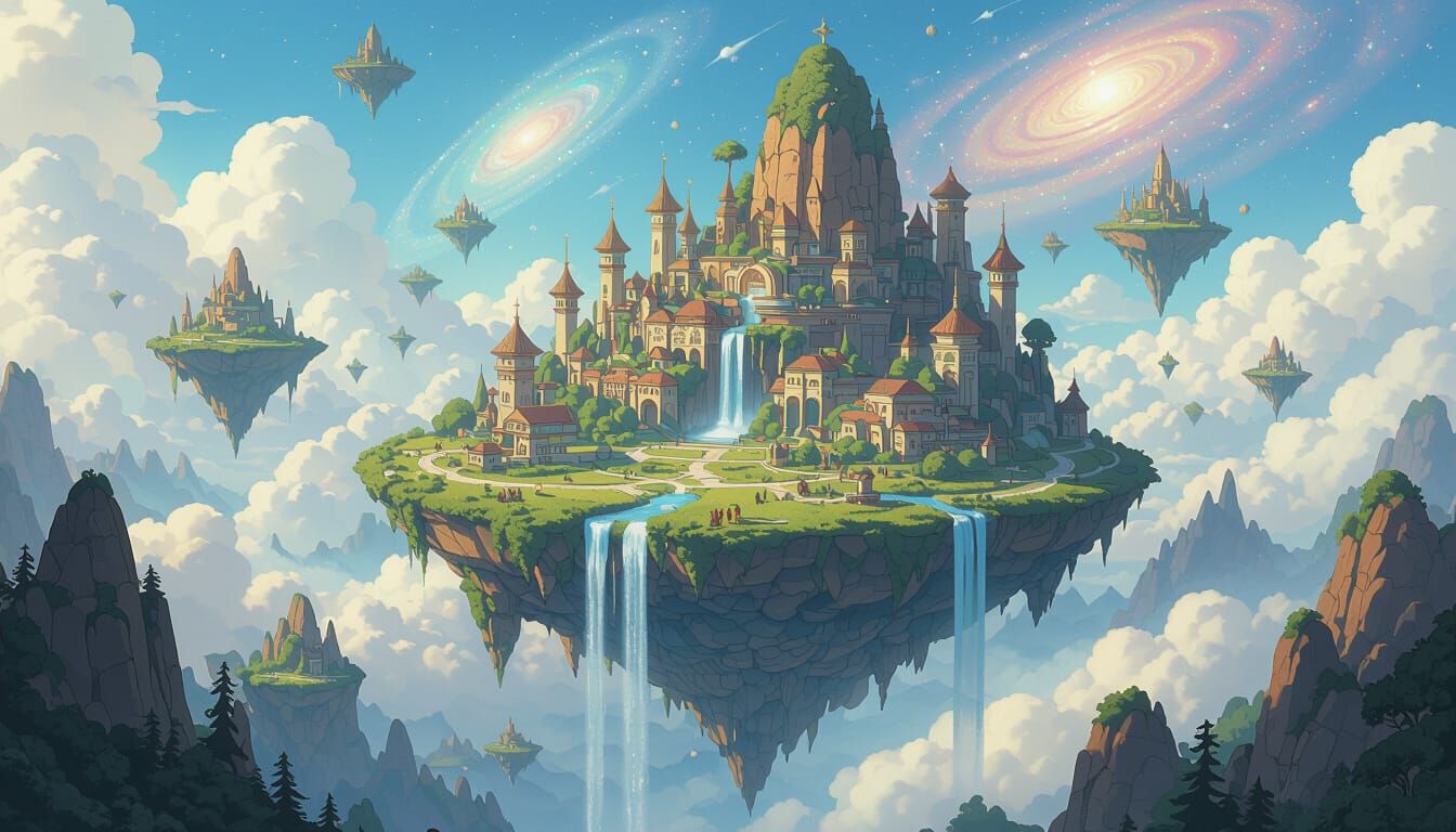 Gyroscopic World with Floating Islands in Ghibli Style