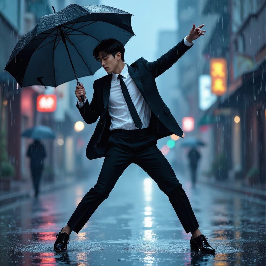 Dancing Korean Man in Rainy James Jean Style