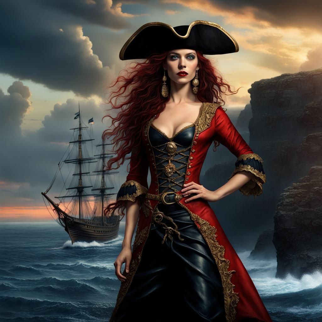 Pirate Queen on Cliff at Dusk
