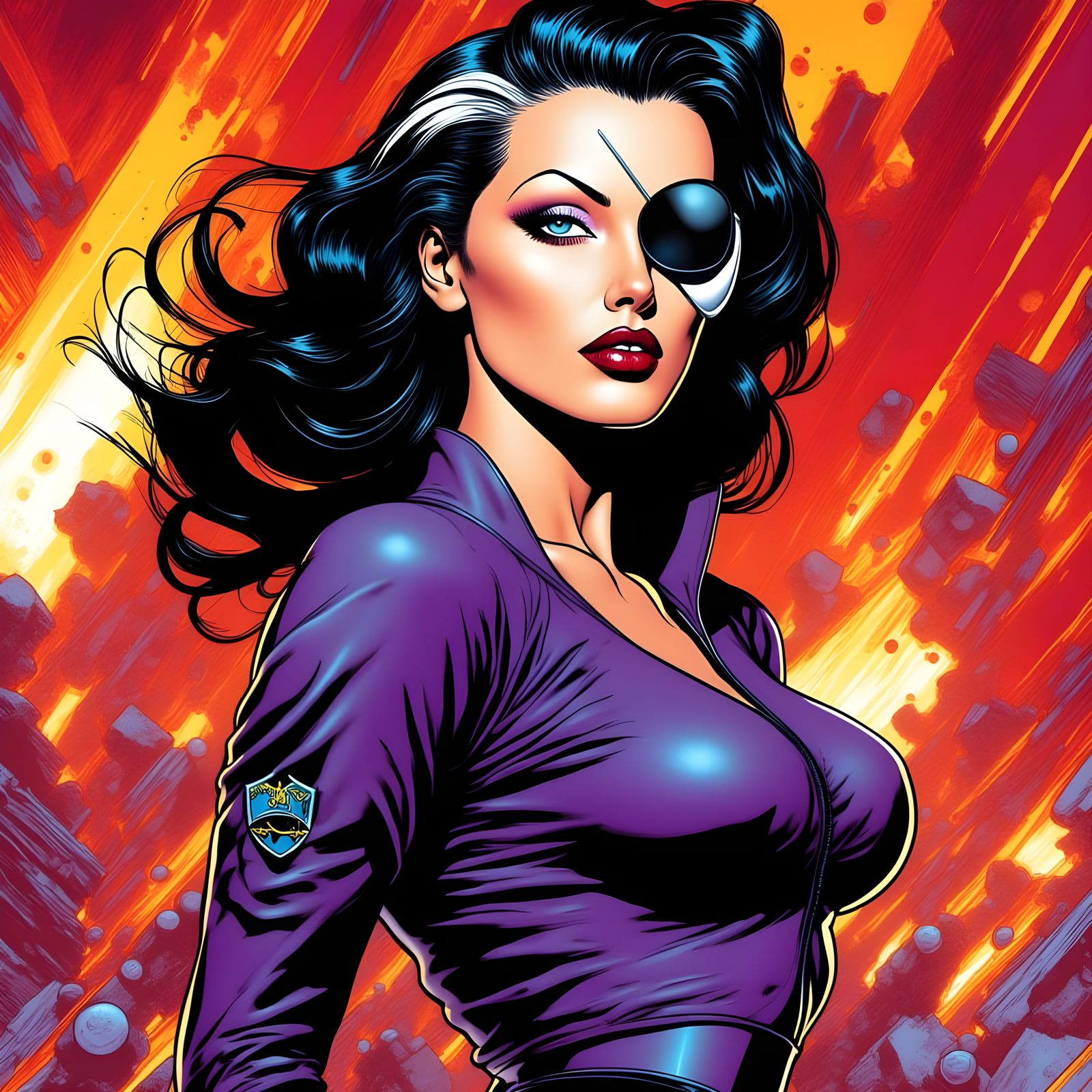 Brunette in Purple Airforce Uniform in Pop Art Style