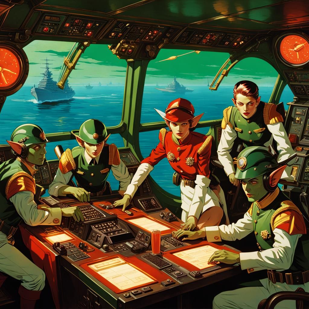 Goblin Pilots on Battleship Bridge in Photorealistic Style