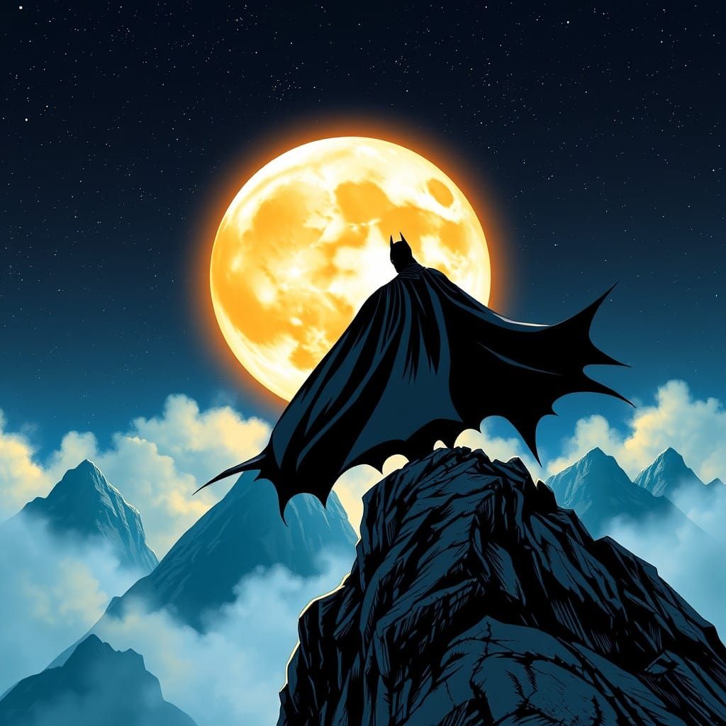 Heroic Batman Silhouette on Mountain Edge, Full Moon Ascendi...