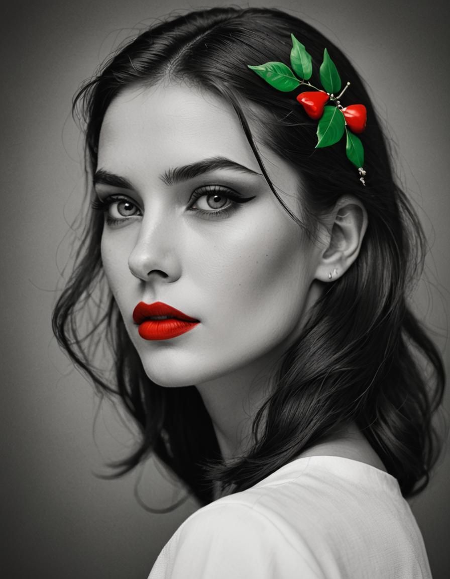 Monochrome Portrait with Red Lips and Green Eyes