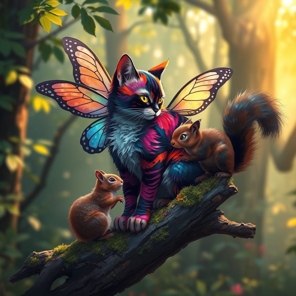 Whimsical Cat with Butterfly Wings Watches Squirrel in Fores...