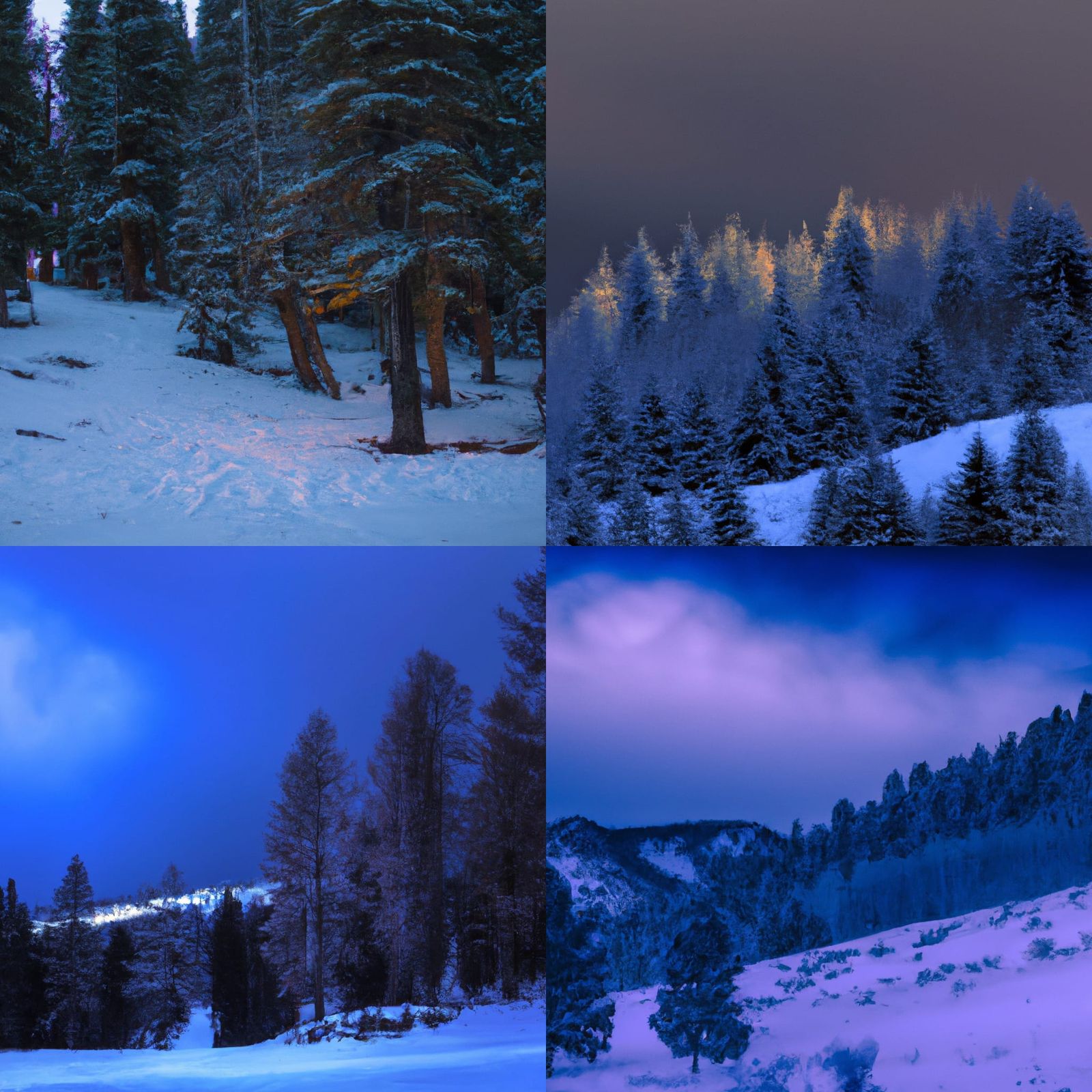 Snowy Mountain Forest at Twilight with Lighting