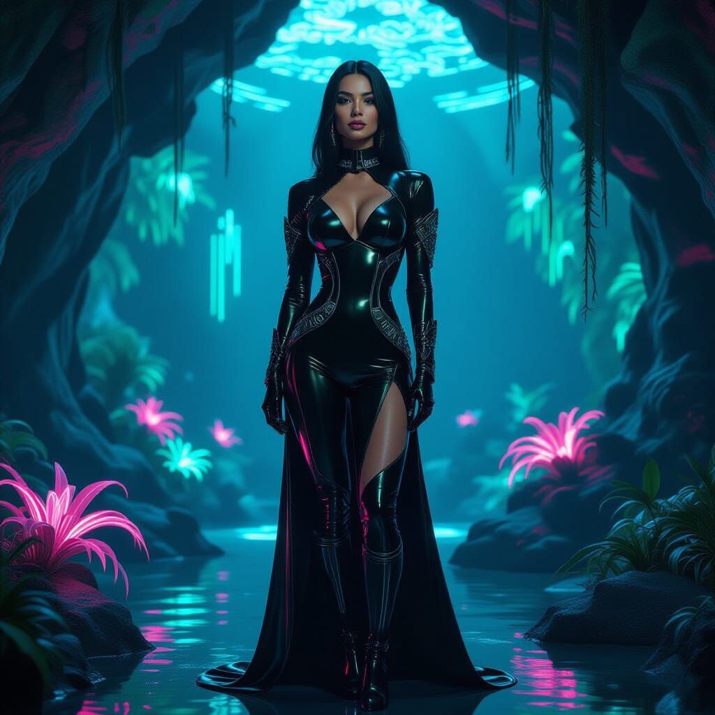 Bioluminescent Grotto: Woman in Cyberpunk Art Deco Style