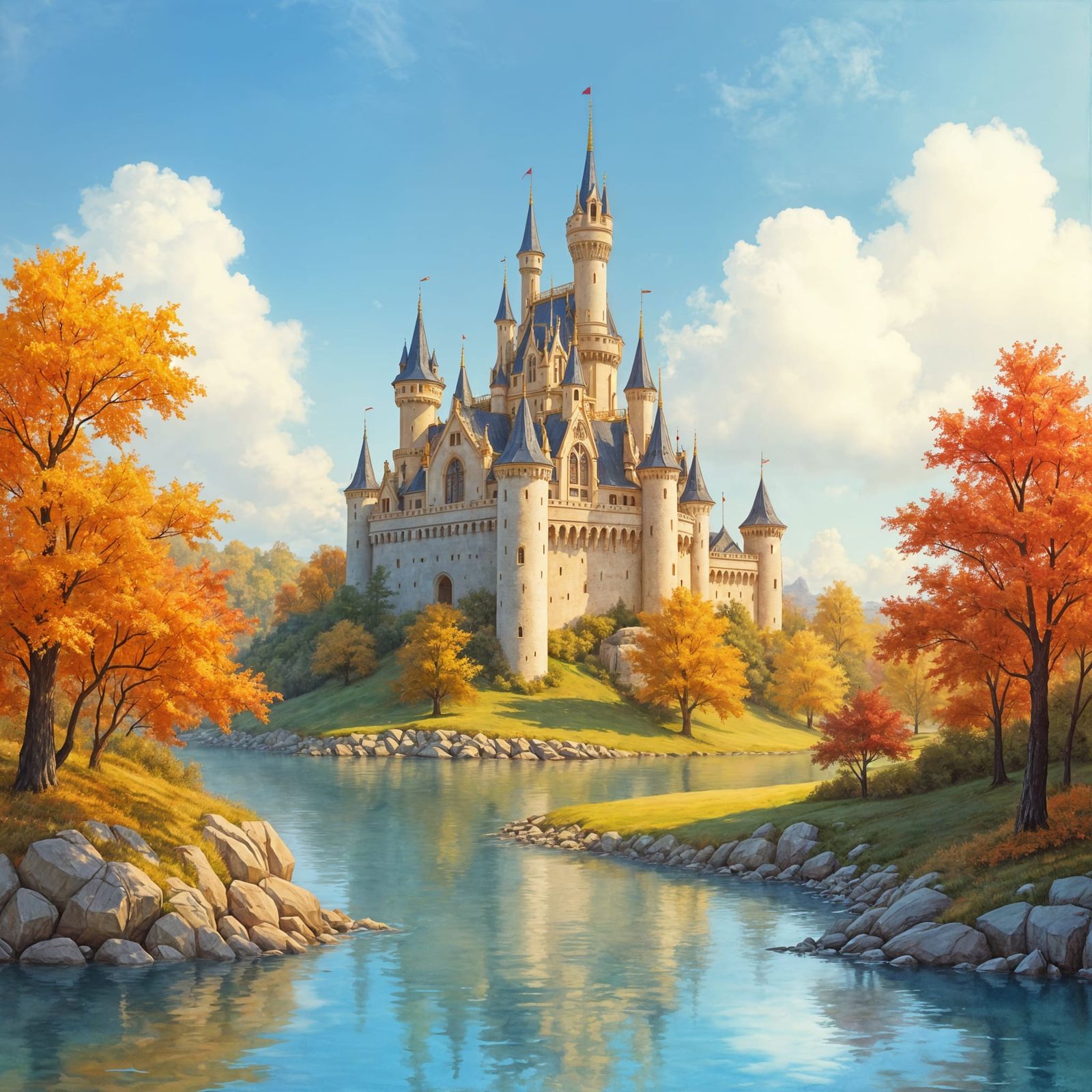 Heroic Castle in Autumn Sunlight: Watercolor Painting