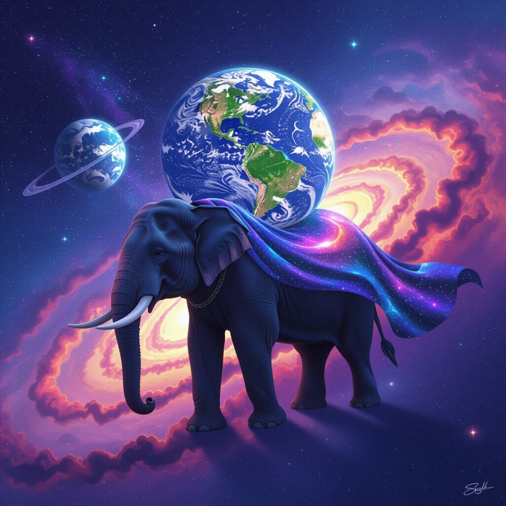 Cosmic Elephant Carrying Earth Through Galaxy