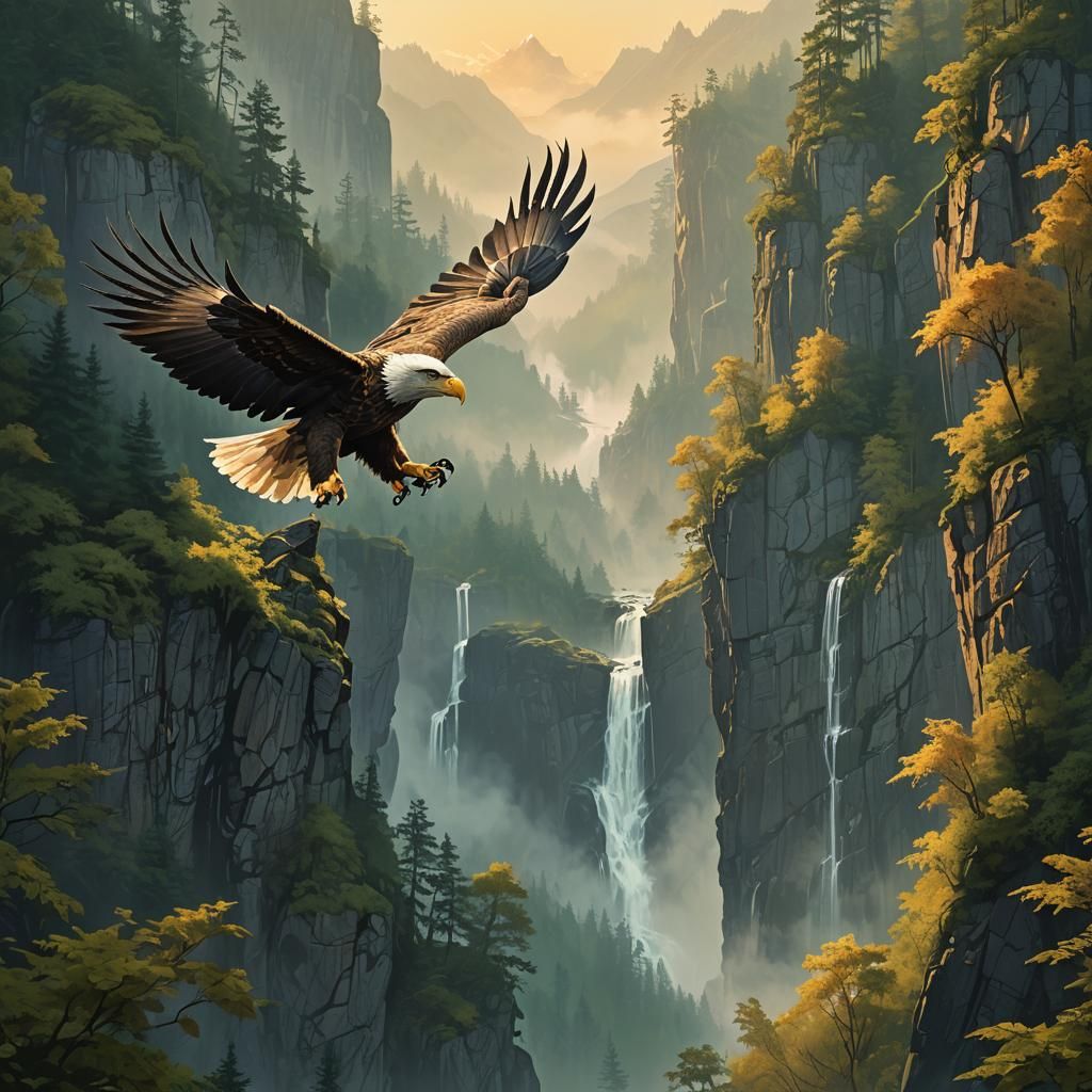 Eagle Soaring Over Mountain Ridge in Matte Painting Style