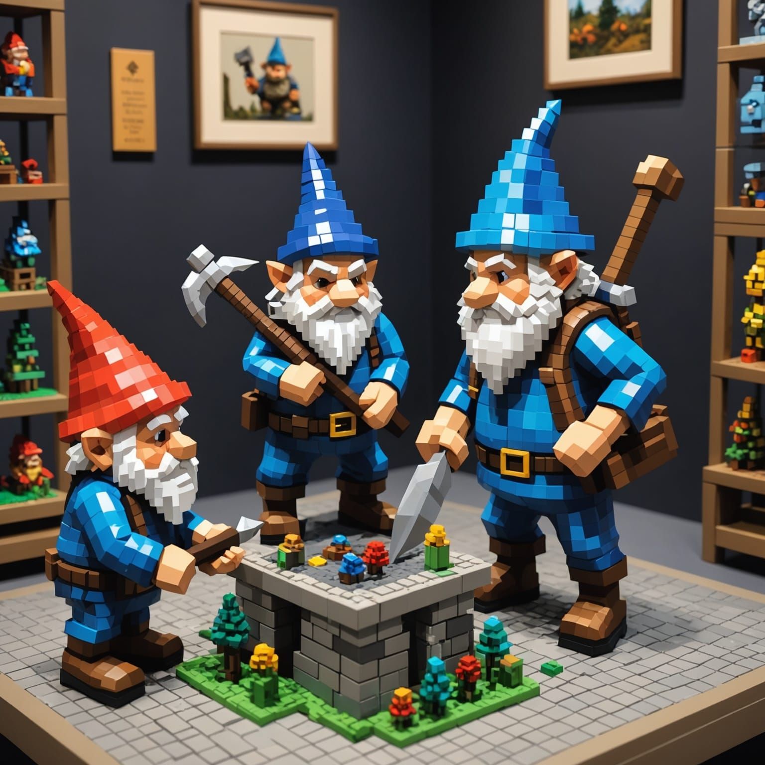 Gnomes Create Pixel Art Wolf in Museum