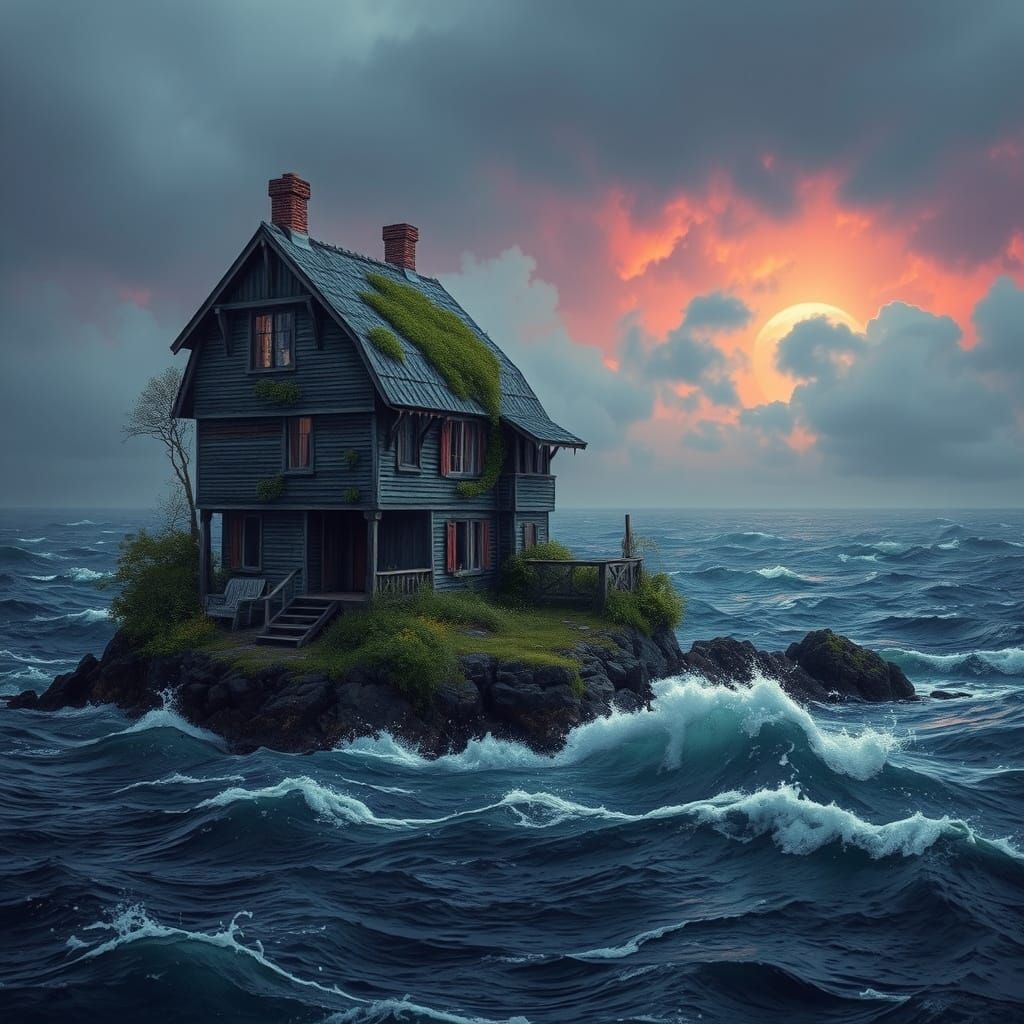 Isolated Island House in Surreal Pop Art Style