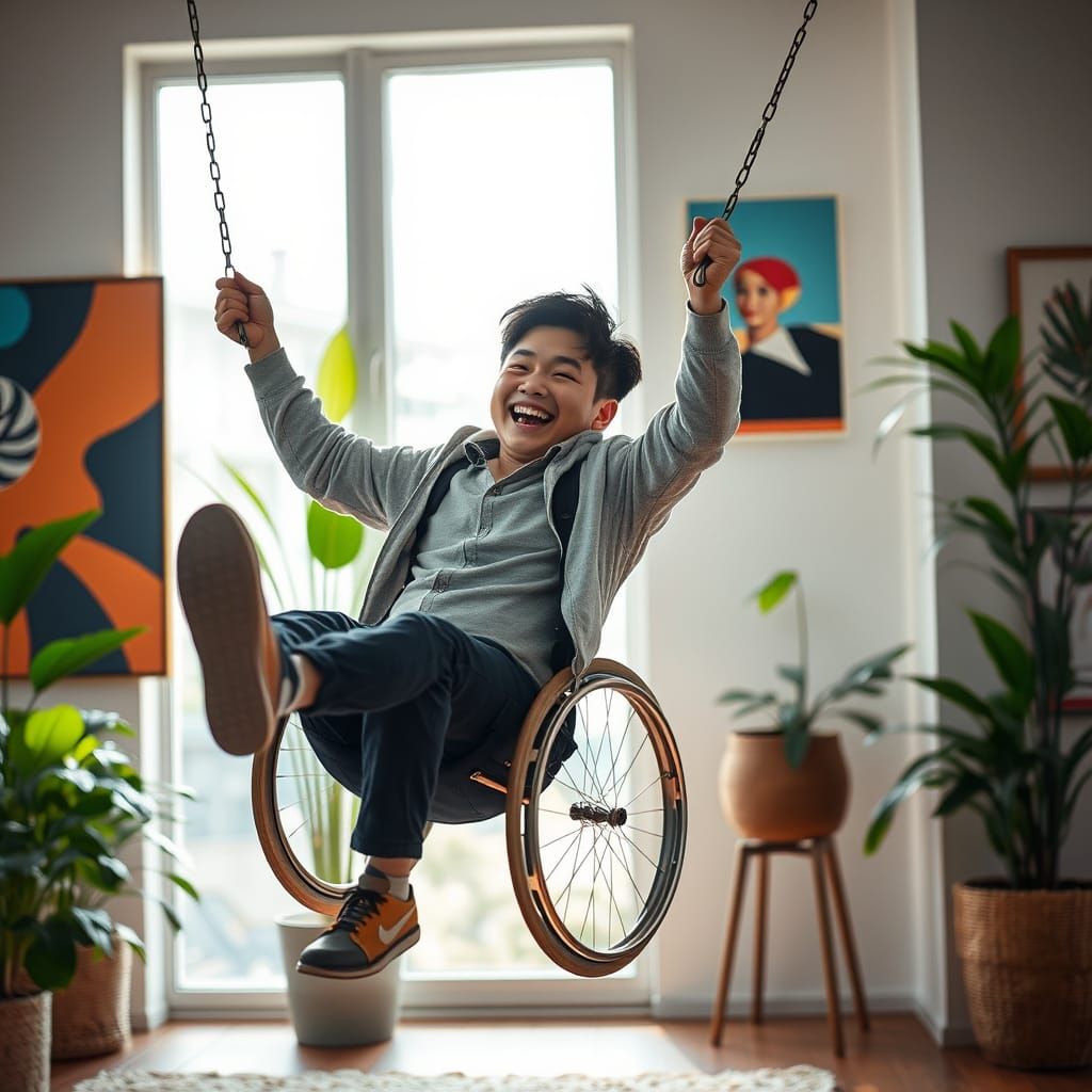 Joyful Young Man Swinging, Photorealistic Indoor Scene