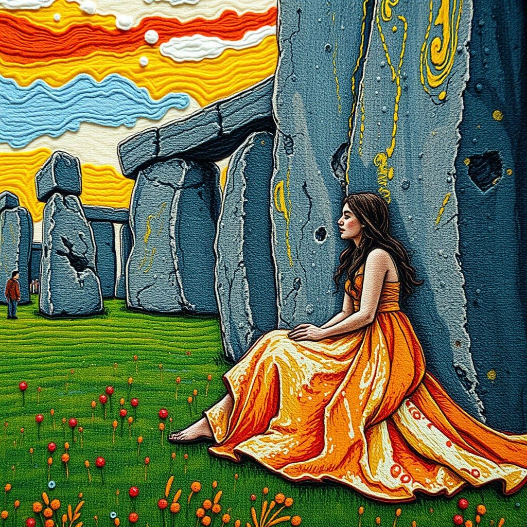 Vibrant Woman at Stonehenge in Bold Pointillist Style