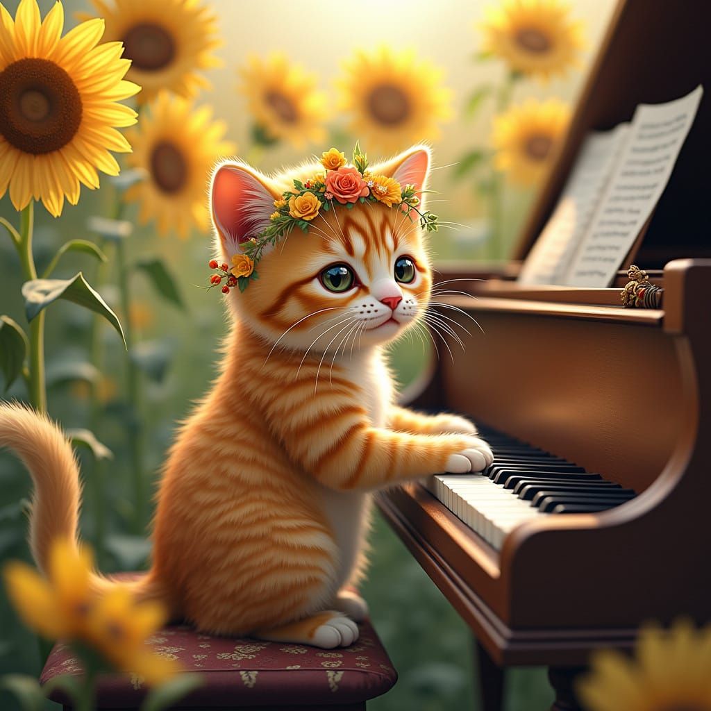 Whimsical Cat Plays Piano Amidst Sunflowers in Art Nouveau S...