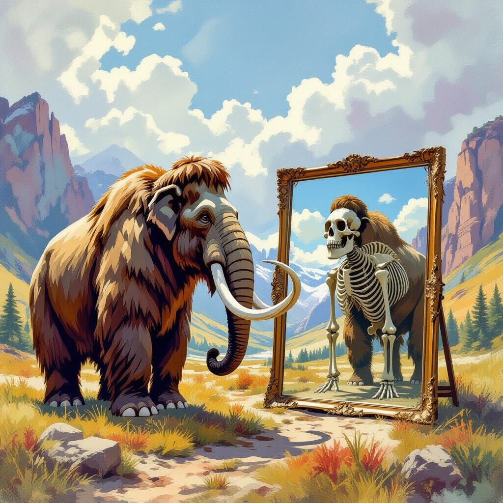 Woolly Mammoth Confronts Its Skeleton in Gouache Style