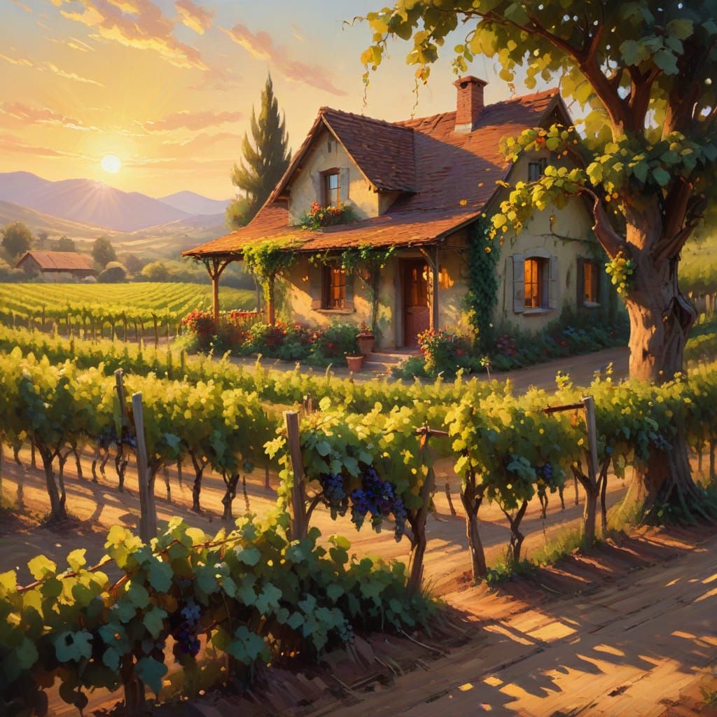 Idyllic Vineyard Cottage at Sunset in Impressionistic Style