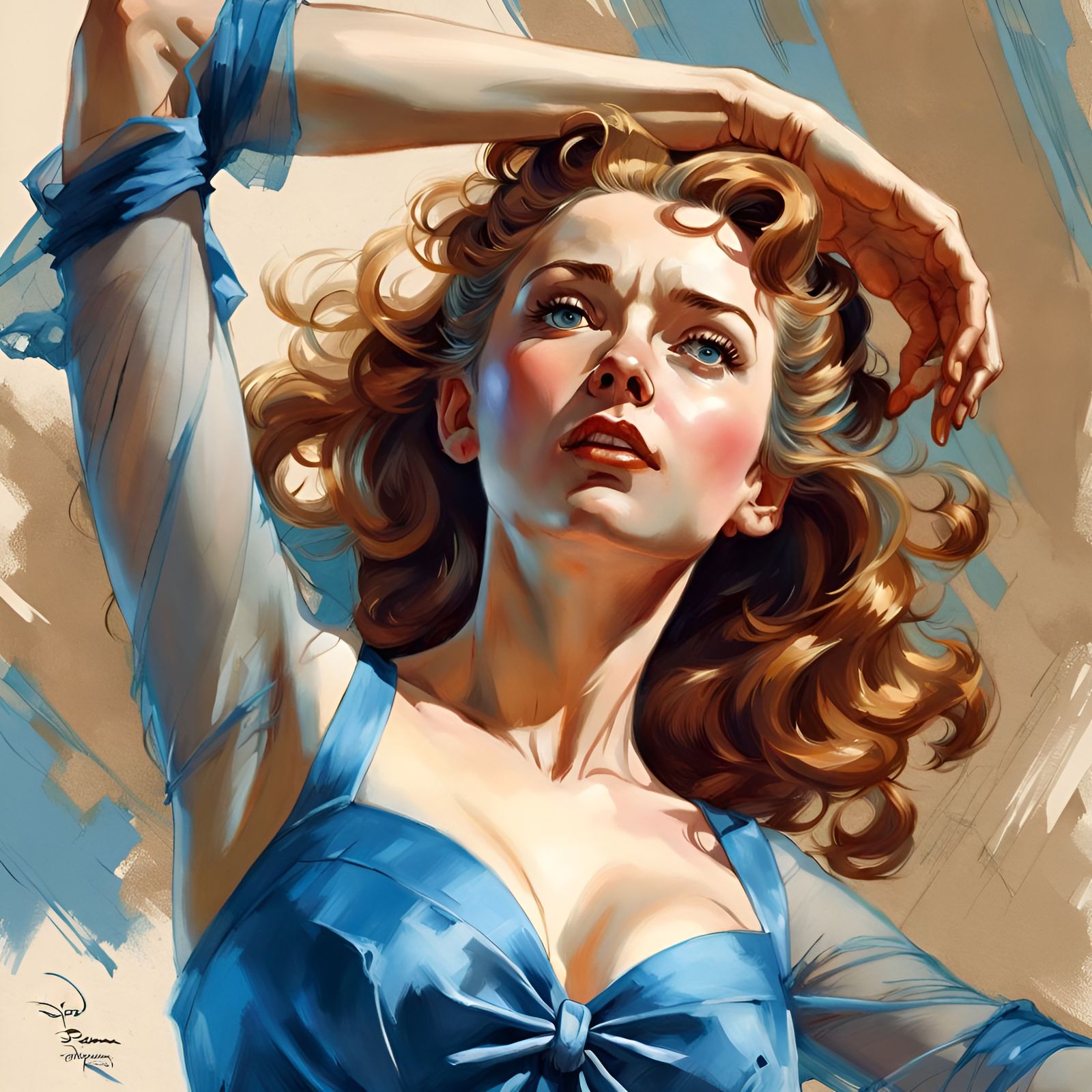 Stunning Woman in Blue Dress: Digital Illustration