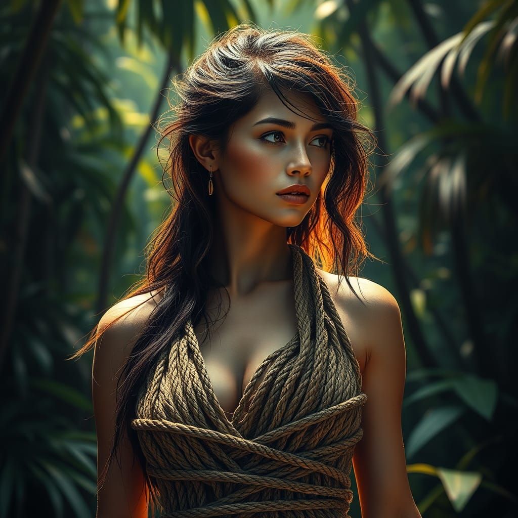 Woman in Rope Dress: Hyperrealistic Jungle Portrait