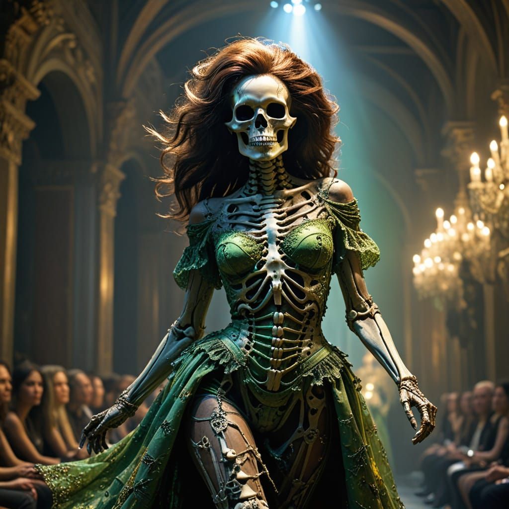 Surreal Skeleton Supermodel Struts Down a Vibrant Runway in ...