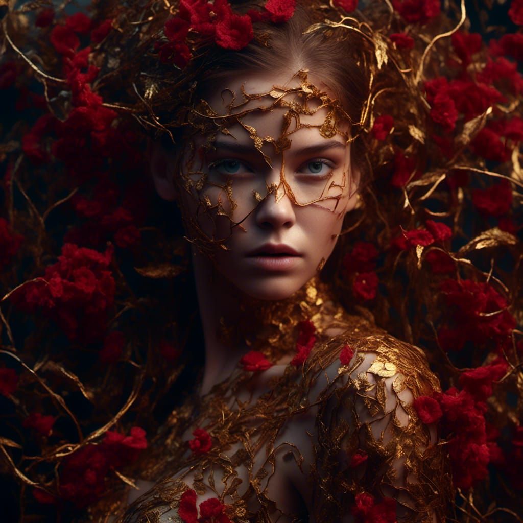 Barbara Palvin in Gold and Crimson Fire Vines