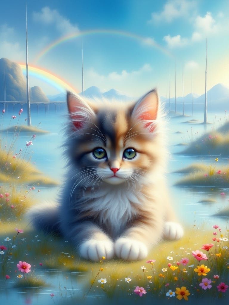Pet on Rainbow Bridge in Oil Painting Style