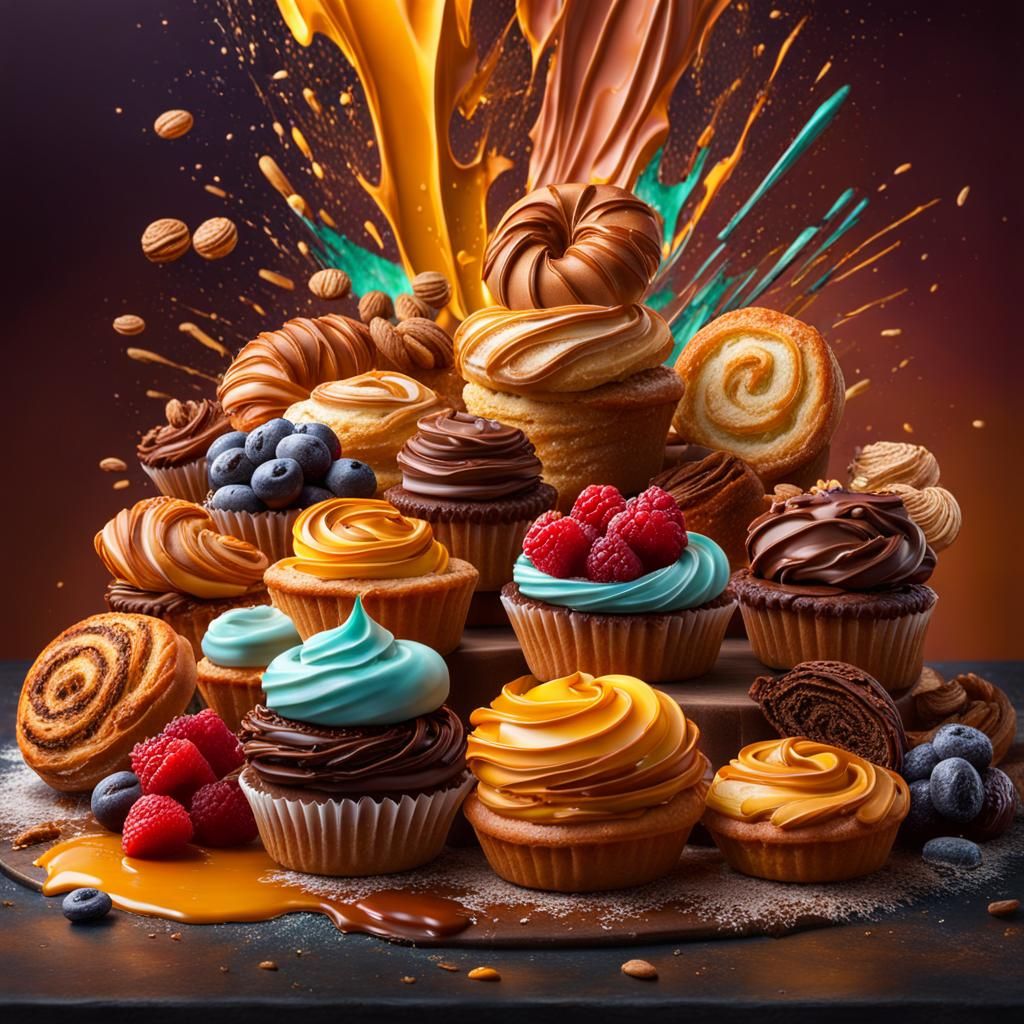 Hyperrealistic Pastry Display in Splash Art Style