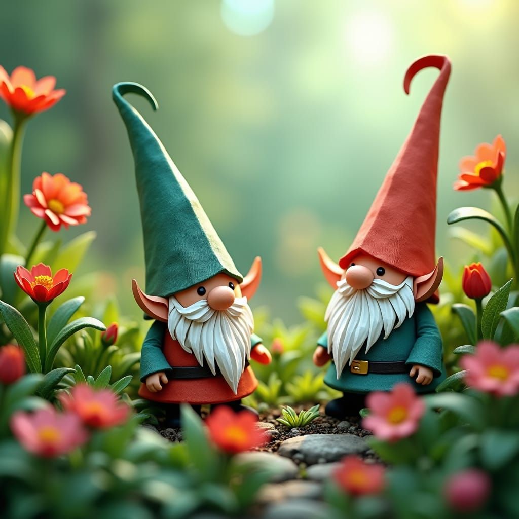 Whimsical Origami Gnomes in Lush Garden, Papercraft Art