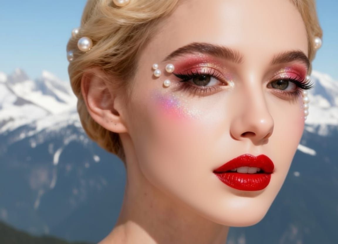 Close-Up Portrait of Woman with Pearl Powder and Red Lipstic...