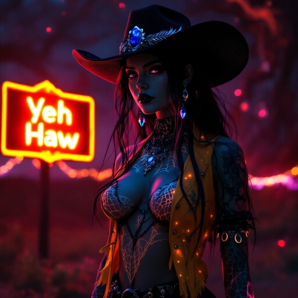 Goth Cowgirl in Dark Fantasy Landscape