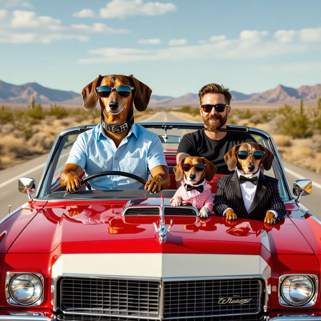 Dachshund-Headed Man Drives Vintage Car at Sunset