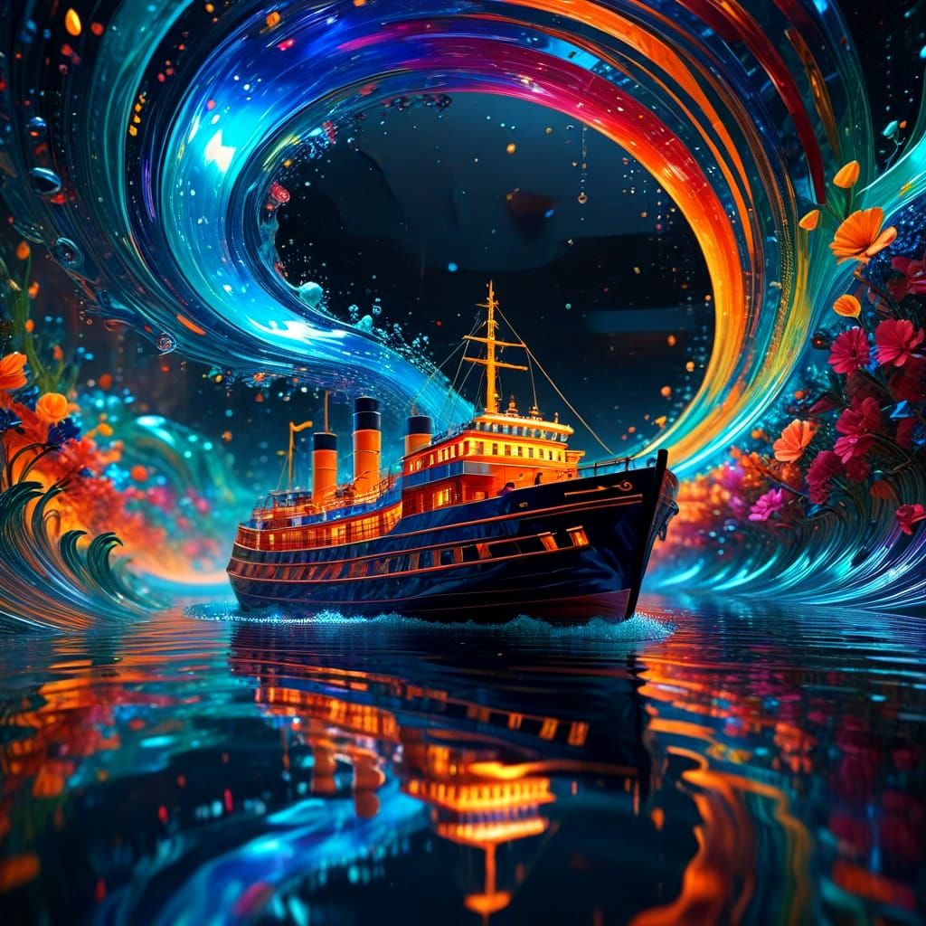 Vividly Colored Ship Reflected in Specular Waves