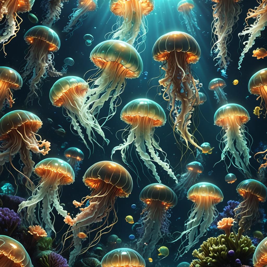 Bioluminescent Jellyfish in Fantasy Underwater World